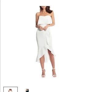 xscape strapless ruffle flounce dress